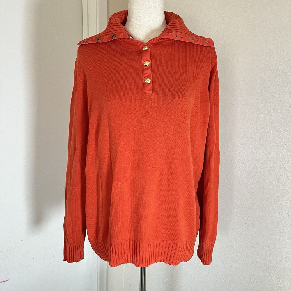 Lauren Ralph Lauren Orange Pullover Snap Button Collar Sweater Size XL
